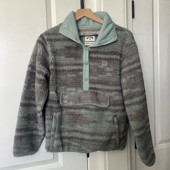 Billabong fuzzy womens button up sweater jacket size small grey and blue - Picture 1 of 5